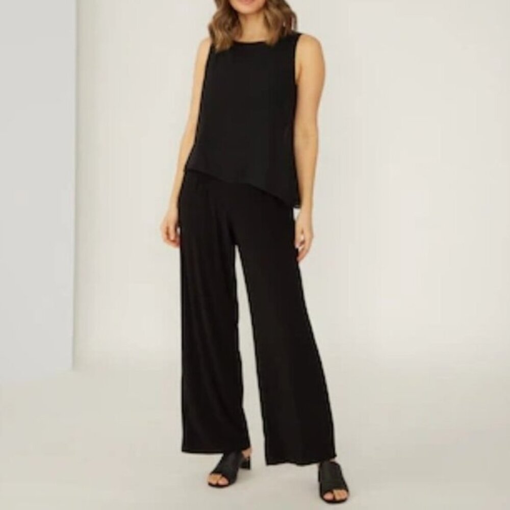 New Nina Leonard Black Wide Leg Jumpsuit Chiffon Overlay Size XL bin 3E